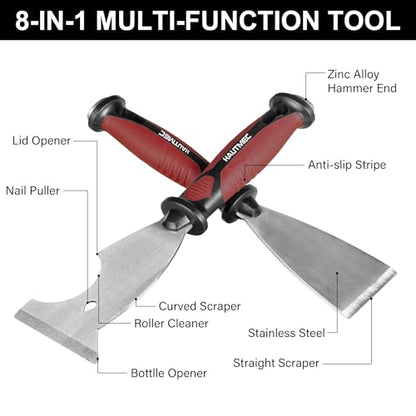 HAUTMEC Putty Knife 4 PC Set, 1.25",2",3" Paint Scraper & 3" 8-in-1 Paint Stripper, Heavy Duty Stainless Steel Blade and Hammer End for Removing Wallpaper, Plaster, Cement 25060
