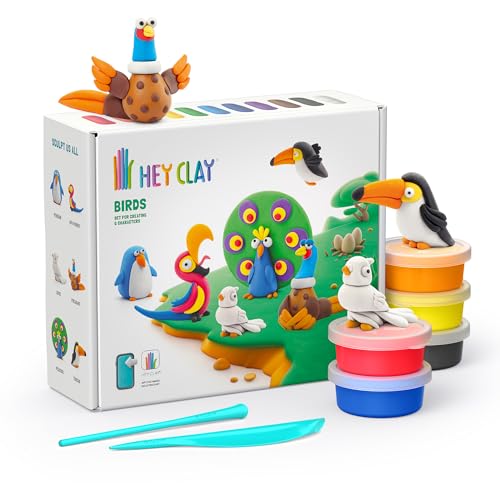 Hey Clay 15 Cans Set - Colourful Modelling Kids Air-Dry Clay 15 Cans with Sculpting Tools and Fun Interactive Instructions for Children Age 3+ (Birds) - style: Birds