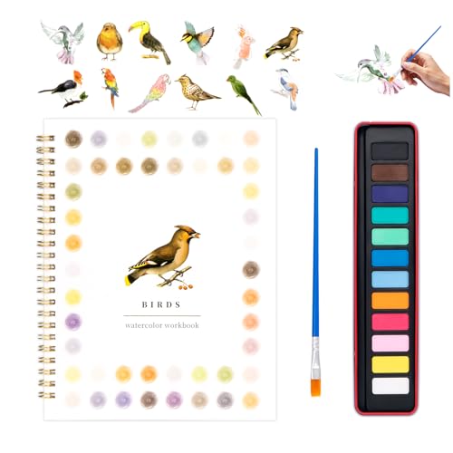 Watercolor Workbook for Adults, Beginner Friendly Watercolor Painting Kit Birds Water Coloring Book, Nature-Themed Practice Art Gift Water Color Paint Book with Palette and Brush - color: Birds
