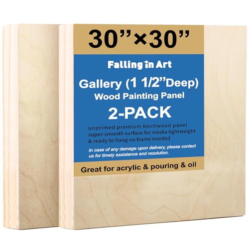 2 Pack Unfinished Wooden Canvas Panels, 30x30 Gallery Birch Wood Panels Kit, 1 1/2" Deep Art Cradle Boards for Acrylic Painting, Pouring and Burning - size: 30*30 2 Pack