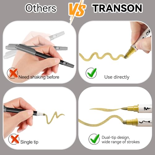 TRANSON 4 Silver and 4 Gold Paint Markers Brush and Bold Dual-tip Acrylic Paint Marker Set for Rock Painting Glass Canvas Wood Leather Ceramic Painting - style: Bold and Brush 4 Gold and 4 Silver