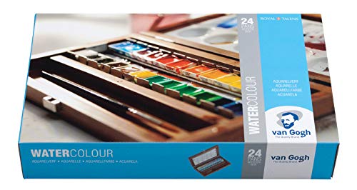 Van Gogh Watercolor Paint Set, Wood Box, 24-Half Pan + 3 Accessories | Professional-Grade Watercolor Paint with High Lightfastness, Intense Colors with Uniform Viscosity - color: 24 General (Wood Box), style: Half Pan