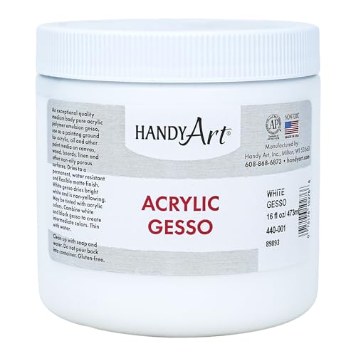Handy Art Acrylic Gesso, 16 oz, White, Primer for Canvas, Wood, & Artist Painting Surfaces, Enhances Acrylic Paint Adhesion, Low Viscosity, Thick Coverage, Certified Safe & AP Non-Toxic, Made in USA - color: White Gesso, size: 16 Fl Oz (Pack of 1)