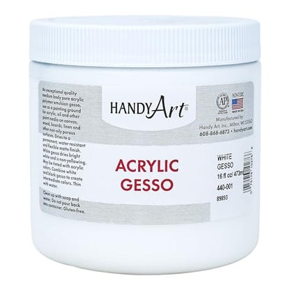 Handy Art Acrylic Gesso, 16 oz, White, Primer for Canvas, Wood, & Artist Painting Surfaces, Enhances Acrylic Paint Adhesion, Low Viscosity, Thick Coverage, Certified Safe & AP Non-Toxic, Made in USA - color: White Gesso, size: 16 Fl Oz (Pack of 1)