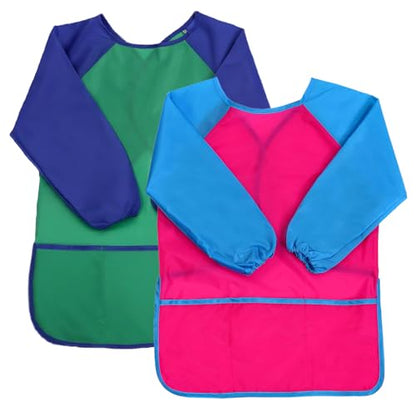 2 Pack Kids Art Smock Waterproof with Long Sleeve and 3 Roomy Pockets Artist Children Aprons for Toddlers Age 3-8 Painting Crafts（Green+Rose Red） - color: 2 Pack Green+rose Red