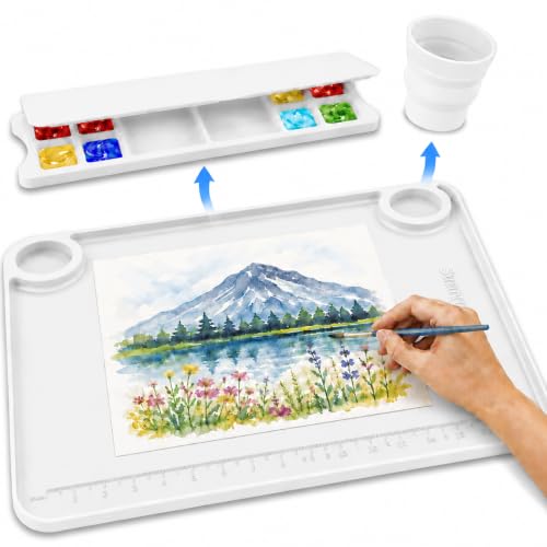 Svartur Silicone Painting Mat with Cup and Palette Removable, 17"X13" Thick Silicone Art Mat for Craft with Raised Edge for Resin DIY Making, White - color: White