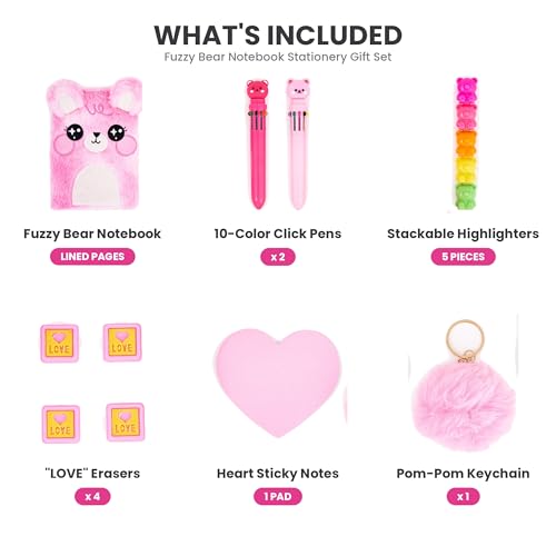 VOTUM Fuzzy Bear Stationery Gift Set for Kids – Plush Notebook, Stackable Highlighters, Click Pens, Sticky Notes & Erasers – Cute Pink Writing Supplies Case - color: Bows & Bears