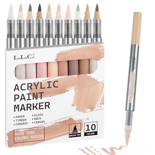 LIULIUCAI 10 Pcs Skin Tone Acrylic Paint Markers, Brush Tip Acrylic Paint Pens for Portrait Hair, Water-Based Skin Markers for Rock, Wood, Canvas, Glass, Stone, Fabric, Egg, DIY Crafts, No Bleeding - color: 10 Skin