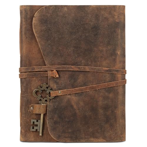 Leather Journal with Deckle Edge Paper 8x6 inch and Vintage Key | Handmade Writing Notebook Diary | Bound Daily Notepad for Men & Women Medium, Sketch/Writing pad for Artists - color: Brown, size: 10 x 7, style: Lined Deckle Paper
