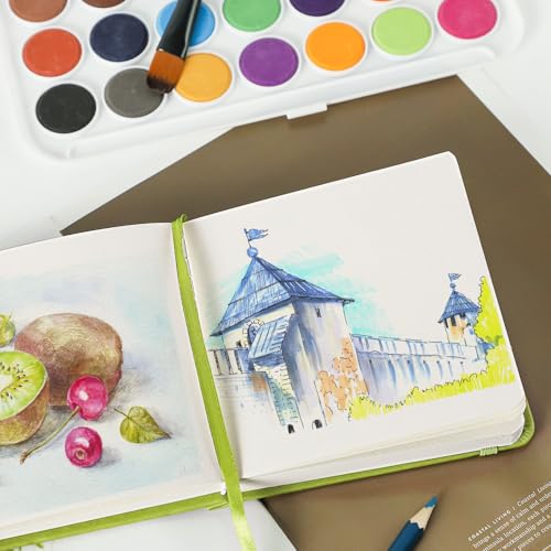 Prudiut 5" x 5" Hardcover Pocket Sketchbook, 80 Sheets, Emerald Green | 160gsm acid-free paper, elastic closure, ribbon bookmark, compact travel size for sketching on the go - color: Emerald Green