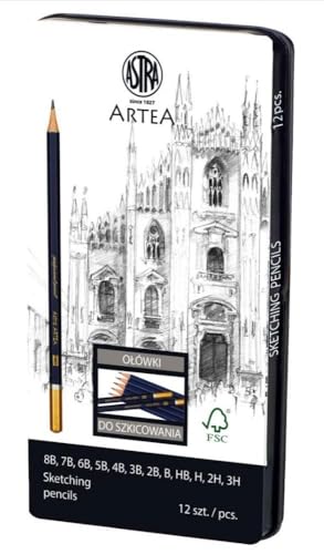 Astra Artea, Sketching Pencil Set, Multicolor, Wooden, Hexagonal, in Metal Box, 12 pcs, Various Hardness 8B-3H
