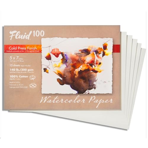 Fluid 100 Artist Watercolor Paper, 140 lb Cold Press 100% Cotton, 5 x 7-inch Pochette, 15 Sheets - size: 5 x 7 (140 lb)