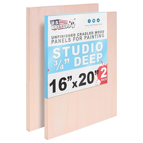 U.S. Art Supply 16" x 20" Unfinished Cradled Wood Panels for Painting, Studio 3/4" Deep (2 Pack) - Artist Depth Birch Wooden Wall Canvases - Mixed-Media Craft, Acrylic, Oil, Encaustic, Paint Pouring