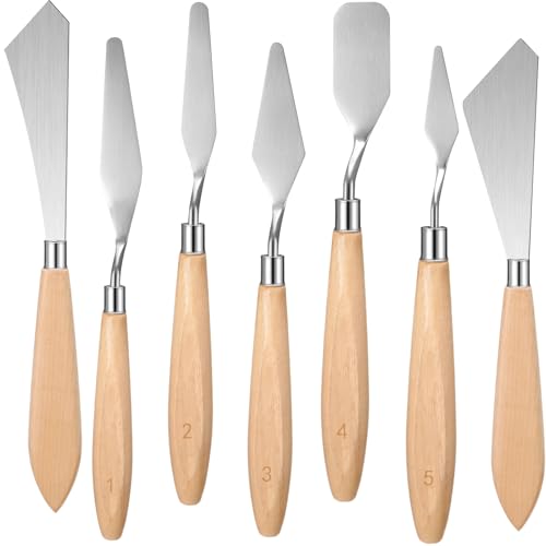 Honoson 7 Pieces Painting Knife Set Spatula Palette Knife Stainless Steel Drawing Scraper Oil Painting Accessories with Wood Handle for Art Acrylic Draw Color Mixing Supplies(Wood Color) - color: Wood Color