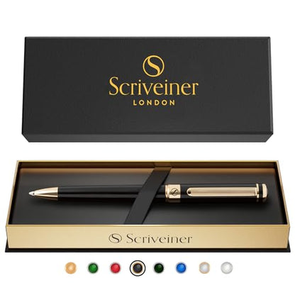 Scriveiner Black Lacquer Ballpoint Pen -Stunning Luxury Pen, Real Gold Plating, Schmidt Black Refill, Best Gift Set for Men & Women, Professional Executive Office, Nice Fancy Designer Pens - color: 1. Black with Gold