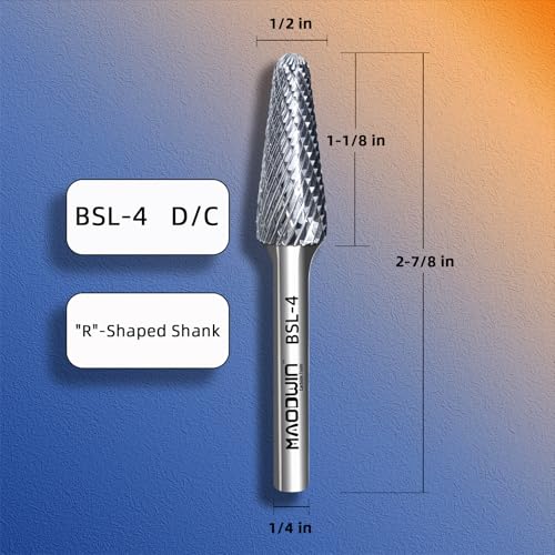 SL-4 Tapered Radius End Tungsten Carbide Rotary File Double Cut 3/8" Diameter×1/2" Length, 1/4" Shank Carbide Burrs Bits Precision Grinding for Jewelry, Tight Spaces, Metal/Wood Contouring - style: SL-4