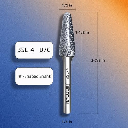 SL-4 Tapered Radius End Tungsten Carbide Rotary File Double Cut 3/8" Diameter×1/2" Length, 1/4" Shank Carbide Burrs Bits Precision Grinding for Jewelry, Tight Spaces, Metal/Wood Contouring - style: SL-4