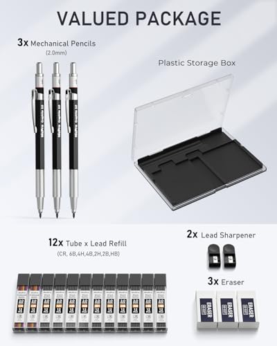 Nicpro 2mm Metal Mechanical Pencil Set with Case, 3PCS Lead Pencil Holder 2.0 mm with 144PCS Lead Refills (4H 2H HB 2B 4B 6B Color), Eraser, Sharpener for Drafting Writing Drawing Sketching - size: 3 Pack