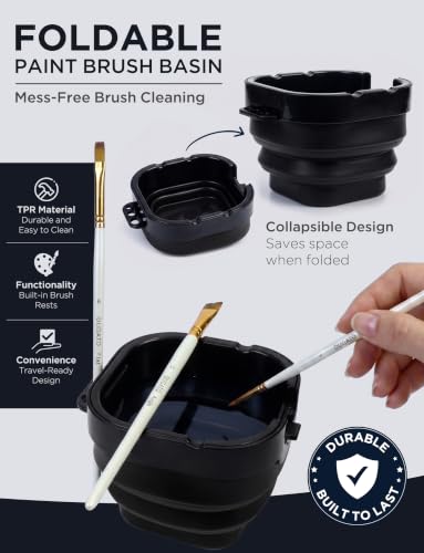 16-Well Airtight Gouache Palette Box with Lid & Foldable Water Cup, Black | Compact Travel Design, Refillable Paint Storage Suitable for Watercolor & Acrylic - color: Black