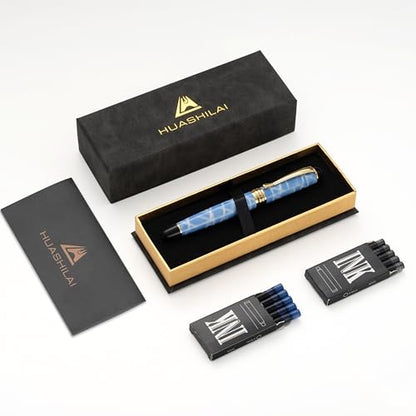 Luxury Fountain Pen Set – 46g Metal Calligraphy Pen with Gift Box, 2 Ink Cartridge Sets (Black & Blue), Flex Nib Writing Pen for Beginners & Professionals (Sky Blue) - color: Sky Blue