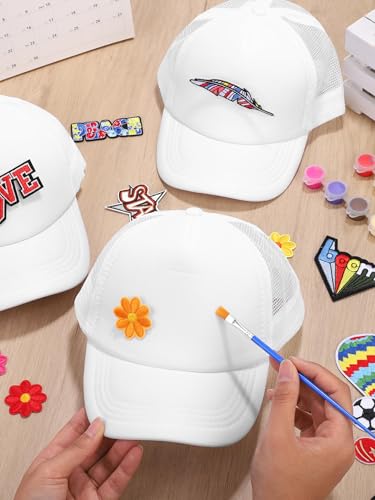 Aneco DIY Blank Trucker Hats Kit Adjustable Baseball Caps | Embroidered Patches, Paint Tools Included, Craft Kit, Sports Events, Group Activity, Party Favor - color: White