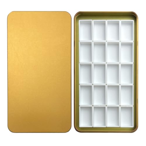 FCLUB Watercolor Palette Tin Box with 20 Full Pans, Self-Adhesive Magnets | Metal Art Paint Mixing Tray, with 3ml Empty Full Pans, Watercolor Painting, Portable Paint Box for Artists, Custom Palettes - color: Golden, size: 6.7" x 6.7" x 6.7"