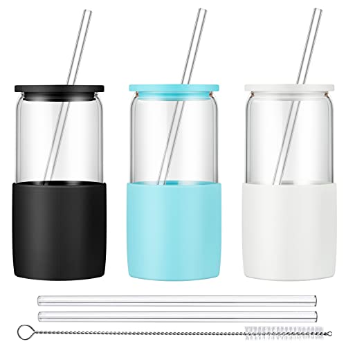 Sunseeke Glass Tumbler with Straw and Lid, 16oz Ice Coffee Cup, Silicone Sleeve Cleaning Brushes, Drinking Glasses for Water, Iced Coffee, Smoothie -BPA Free -3Pack - color: White, Black, Turquoise blue