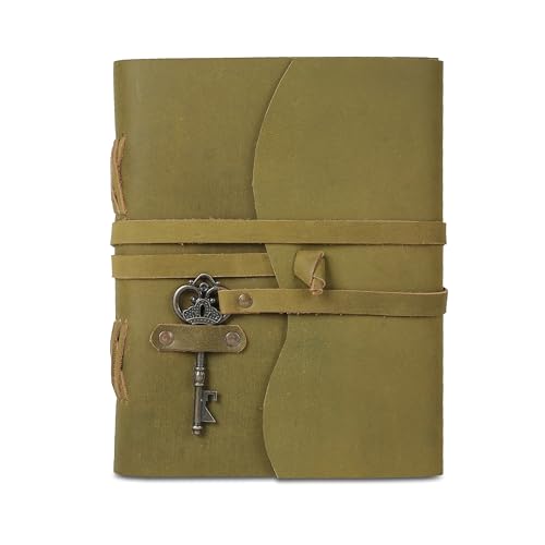 Leather Journal with Deckle Edge Paper 8x6 inch and Vintage Key | Handmade Writing Notebook Diary | Bound Daily Notepad for Men & Women Medium, Sketch/Writing pad for Artists - color: Green, size: 7 x 5, style: Unlined Deckle Paper