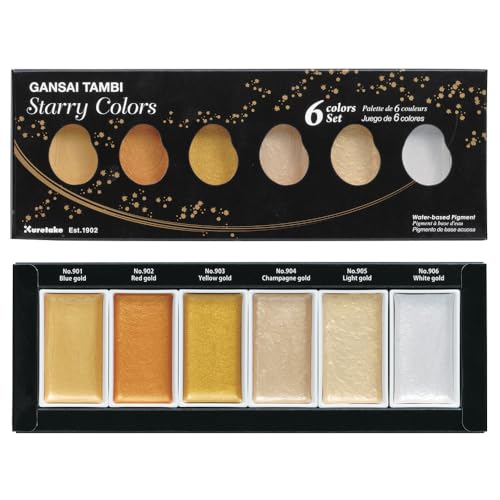 Kuretake GANSAI TAMBI STARRY COLORS, 6 colors set, Watercolor paint for Professional, for artists and crafters,Illustrations, Drawing, Lettering, Made in Japan - style: Set of 6 colors (gold)