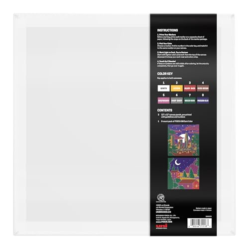 POSCA Canvas Paint by Number Kit, Night City Skies - 8 Acrylic Markers with 2 Pre-Drawn Canvases - Gift Set for Artists, Adults and Kids - color: Night City Skies