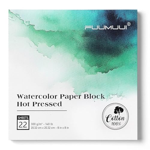 Fuumuui Watercolor Paper Block 8x8 Inch, Smooth Surface 100% Cotton Watercolor Paper, 22 Sheets, 140lb/300gsm, Hot Press, Acid-Free, Art Paper for Painting & Drawing, Wet, Mixed Media - color: Hot Press, size: 8×8"