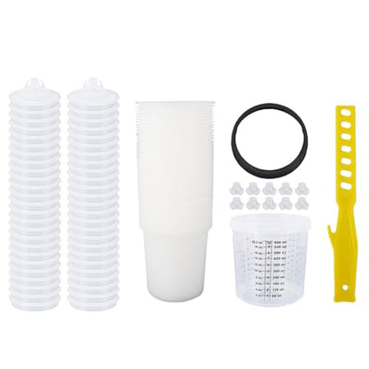 WALFRONT Paint Spray Cup Liners Lid System ABS Disposable Paint Cup Set 20.3oz 600ml with 50 Liners 50 Filter Lids Leak Mixing for HVLP LVLP Painters