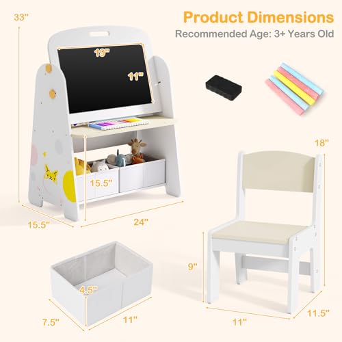 INFANS Easel for Kids with Stool, 4-in-1 Double-Sided Adjustable Magnetic Chalkboard with Paper Roll, Bookshelves, Wheels, Wooden Standing Painting Drawing Art Board for Boys Girls - style: Puppy
