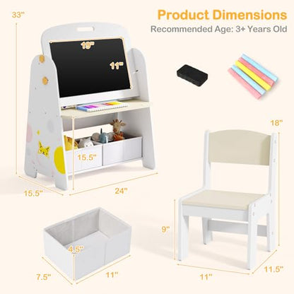 INFANS Easel for Kids with Stool, 4-in-1 Double-Sided Adjustable Magnetic Chalkboard with Paper Roll, Bookshelves, Wheels, Wooden Standing Painting Drawing Art Board for Boys Girls - style: Puppy
