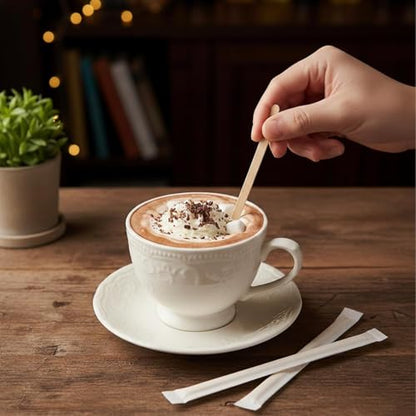 Guyuyii 300 Pcs 5.5" Coffee Stirrers Individually Wrapped with Storage Box | Wooden Stir Sticks for Offices, Coffee Bars, Cafes | Paper Wrapping, Compatible with Hot Drinks, Cold Drinks, Cocktails - size: 5.5 Inch (300 Count）