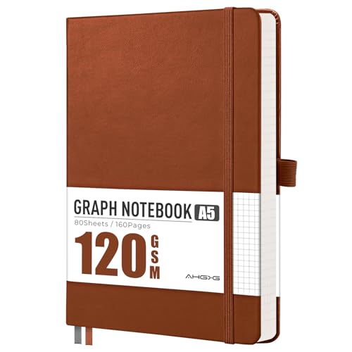 AHGXG Graph Grid Paper Notebook, 160 Pages, A5 Medium Size (5.7'' x 8.3''), 120 GSM Thick Paper, Leather Hardcover, for School, Students, Math, Engineering (Brown) - color: Brown, style: Grid