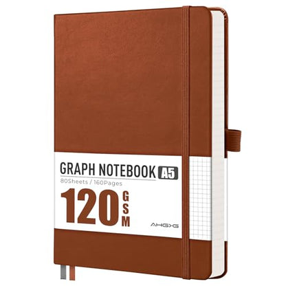 AHGXG Graph Grid Paper Notebook, 160 Pages, A5 Medium Size (5.7'' x 8.3''), 120 GSM Thick Paper, Leather Hardcover, for School, Students, Math, Engineering (Brown) - color: Brown, style: Grid
