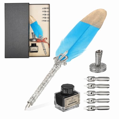 PATIKIL Feather Quill Pen Set, 1 Set Vintage Feather Calligraphy Pen Fountain Dip Pen Set with Ink, Pen Holder and Replacement Nibs for Beginner Writer Writing Gift, Sky Blue - color: Sky Blue