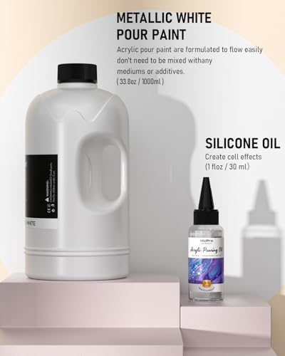 Nicpro White Metallic Pearl Color Acrylic Pour Paint, 33.8 Ounce Pre-Mixed Pouring Paint Supplies with Silicone Pour Oil, Gloves for Canvas, Rock, Wood Cell Creation Flow DIY Art Painting, Ready to Pour - color: 33.8oz-metallic white