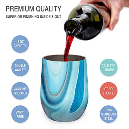 CHILLOUT LIFE 12 oz Stainless Steel Wine Tumbler with Lid - Double Wall Vacuum Insulated Wine Cup Glass Keeping Cold & Hot for Coffee, Champagne, Cocktails, Ice Cream - color: Ocean Marble, style: 1 Pack