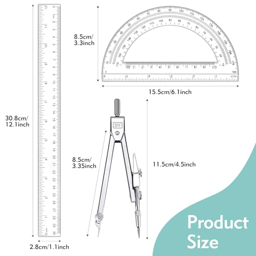 3 Pcs Plastic 12 Inch Ruler, Clear Protractor and Compasses Set for Student Geometry, Durable Transparent Drawing Measuring Rulers for School Office