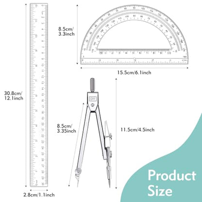 3 Pcs Plastic 12 Inch Ruler, Clear Protractor and Compasses Set for Student Geometry, Durable Transparent Drawing Measuring Rulers for School Office
