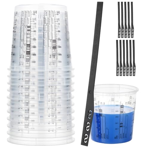 Gartful 12 Pack 10oz Clear Plastic Measuring Cups with 12 Stir Sticks, Disposable Graduated Mixing Cups with ml Scale & 3-Column Paint/Hardener/Thinner Mixing Ratios (1:1-7:1) for Epoxy Resin, Paint - size: 10oz / 320ml - 12 Set