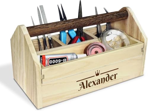 Ikee Design Personalized Custom Engraved Wooden Craft Toolbox Caddy with 5 Compartments | Customize Small Wooden 5-Compartment Craft Tool Box - color: Personalized
