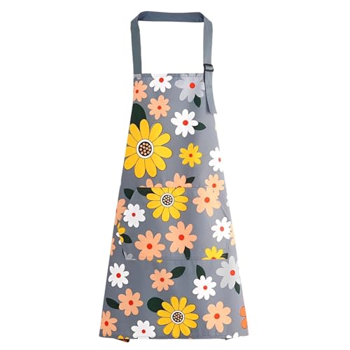 Floral Aprons with Pocket Blooming Women Waterproof Apron Adjustable Neck Long Ties Women Men Cook Baking Garden - color: Sunflower Blue