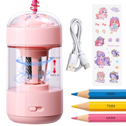 Rechargeable Automatic Electric Pencil Sharpener for Kids, Auto in & Out 3 Adjustable Thickness, Type-C Charging, Cute DIY Stickers, for 6-8mm Pencils, 3s Fast Sharpening, for School & Home (Pink) - color: Pink