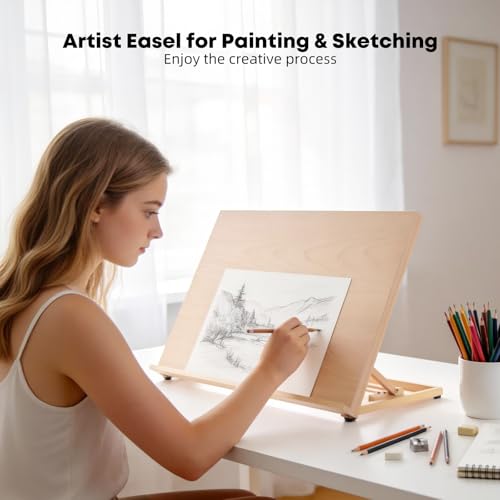 A2 Wooden Tabletop Easel for Painting, 25.6" x 18.9" | Adjustable 5-Position Table Top Easel for Painting, Desktop Artist Painting Easel with A3 Sketch Paper for Adults, Students - size: A2(25.6"x18.9")