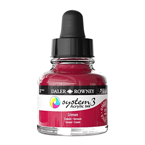 Daler-Rowney System3 Acrylic Ink Bottle Crimson 29.5ml - Versatile Acrylic Ink for Artists and Students - Opaque Calligraphy Ink for Drawing Illustrating Airbrushing Dip Pen Ink and More