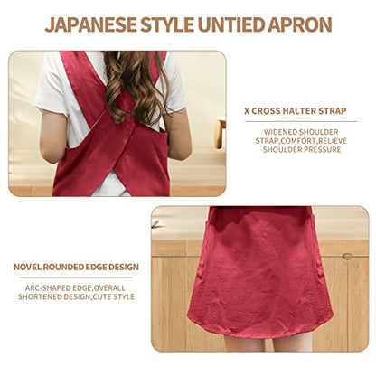 Shortened Design Apron, Japanese Style Soft Cotton Linen Apron with Two Side Pockets, X Cross Halter Aprons, Kitchen Cooking Clothes Gi/ft for Women DIY Project, Crafting, Cooking, Baking(Wine Red) - color: Red, style: 1# Style-rounded Edge