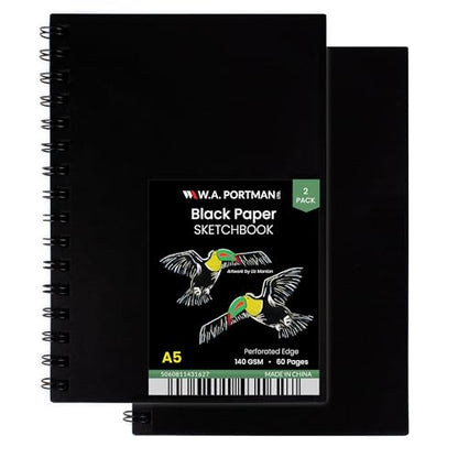 WA Portman Black Paper Sketchbook 2-Pack A5 (6" x 8.25") – 140 GSM Acid-Free Black Paper Notebook, 60 Pages (30 Sheets) Spiral Scrapbook Journal, Mixed Media Sketch Drawing Pad for Kids & Adults - size: A5 2 Pack
